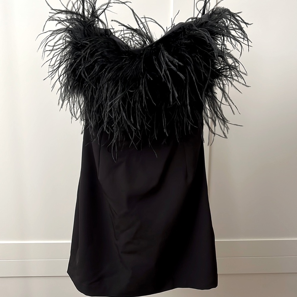 Bardot black feather strapless mini dress